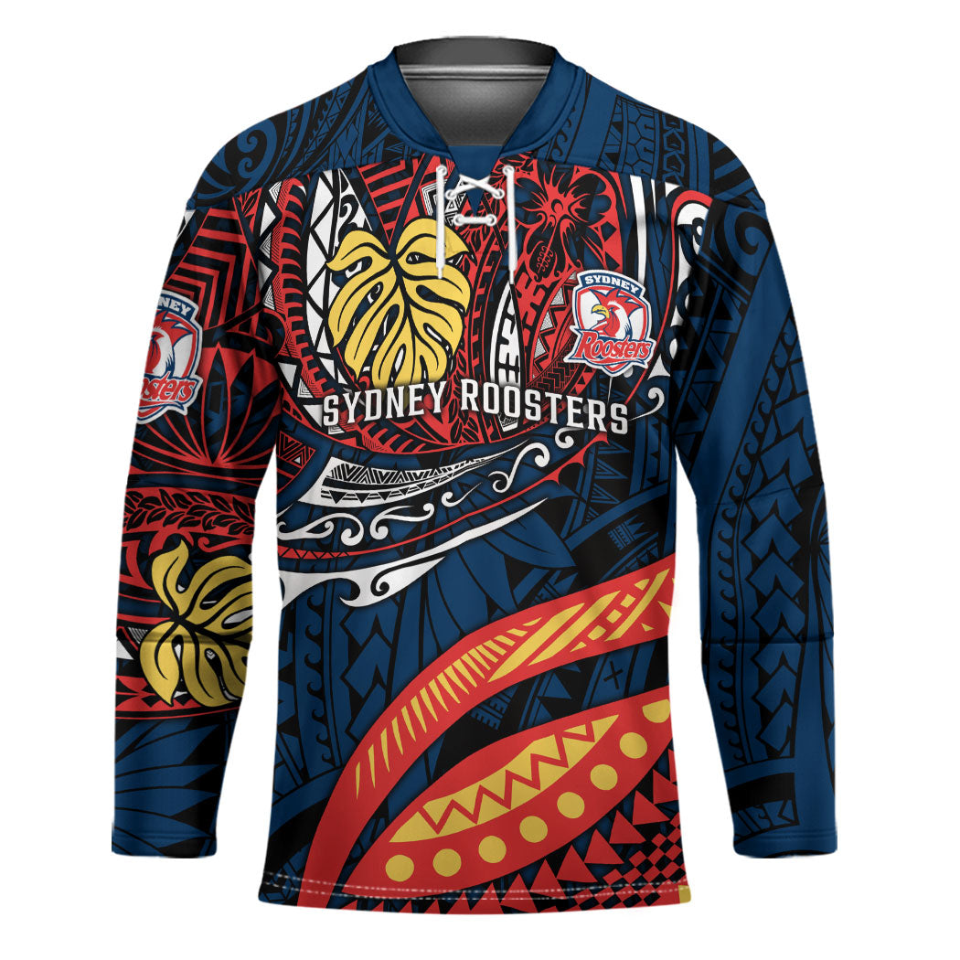 Personalised Sydney Roosters Hockey Jersey Polynesian Tribal Art Style With Aggressive Rooster Mascot