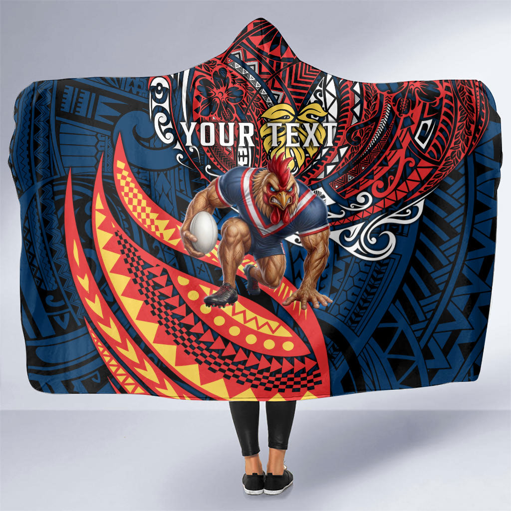 Personalised Sydney Roosters Hooded Blanket Polynesian Tribal Art Style With Aggressive Rooster Mascot