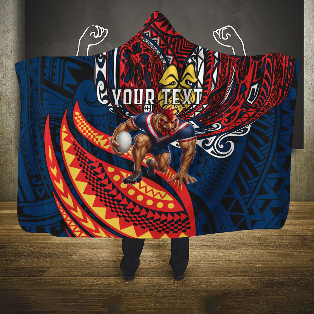 Personalised Sydney Roosters Hooded Blanket Polynesian Tribal Art Style With Aggressive Rooster Mascot