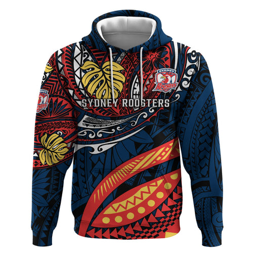 Personalised Sydney Roosters Hoodie Polynesian Tribal Art Style With Aggressive Rooster Mascot