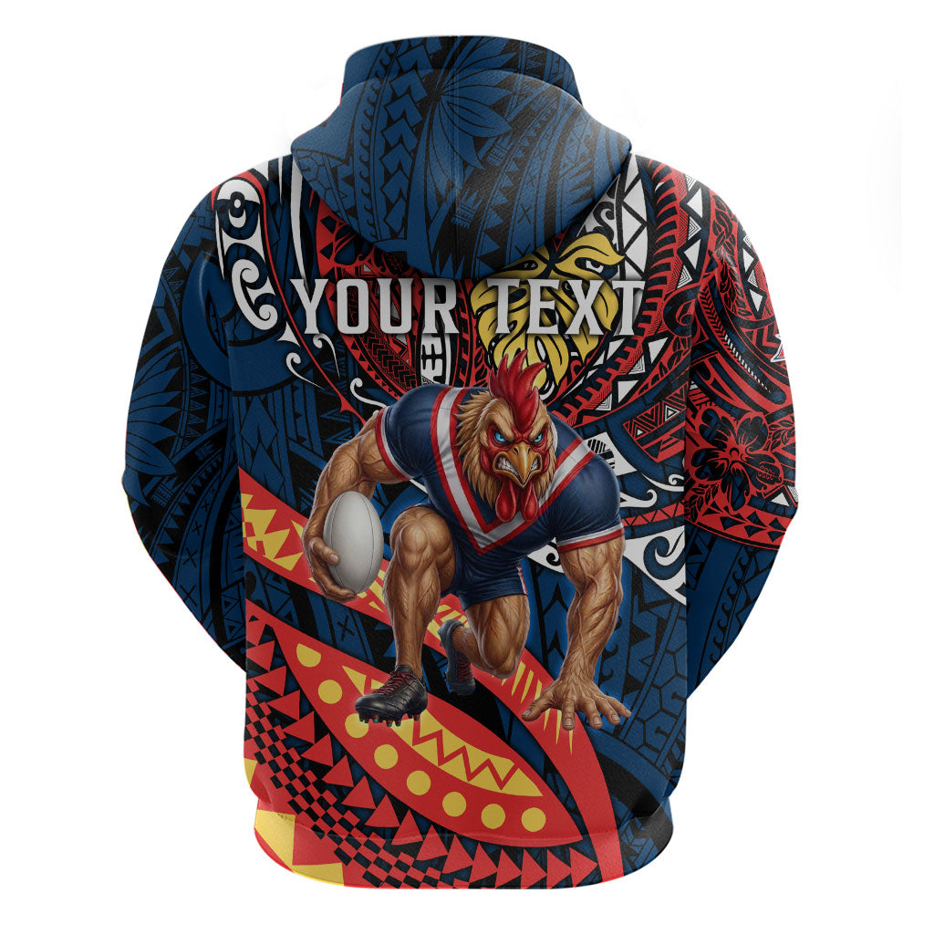 Personalised Sydney Roosters Hoodie Polynesian Tribal Art Style With Aggressive Rooster Mascot