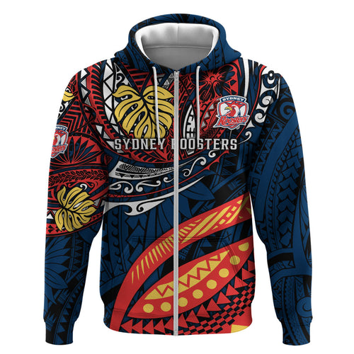 Personalised Sydney Roosters Hoodie Polynesian Tribal Art Style With Aggressive Rooster Mascot