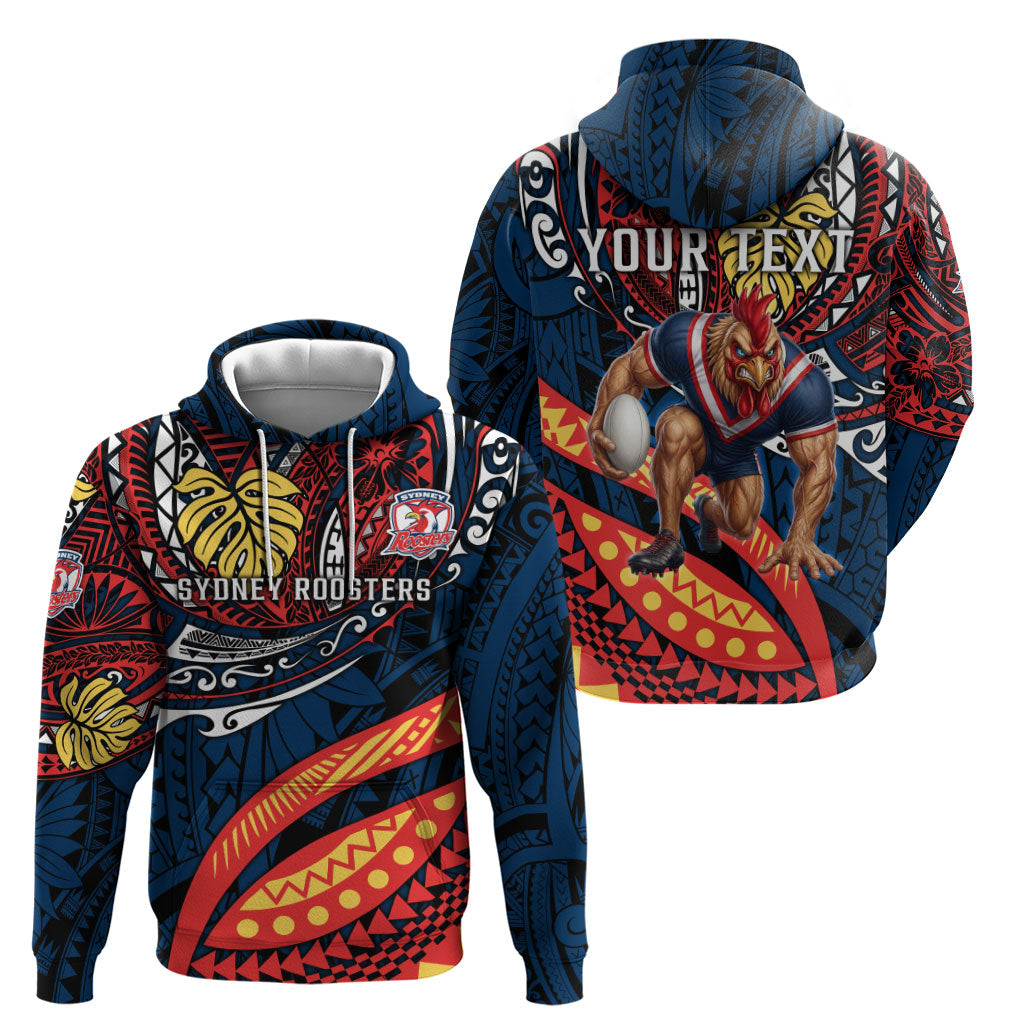 Personalised Sydney Roosters Hoodie Polynesian Tribal Art Style With Aggressive Rooster Mascot