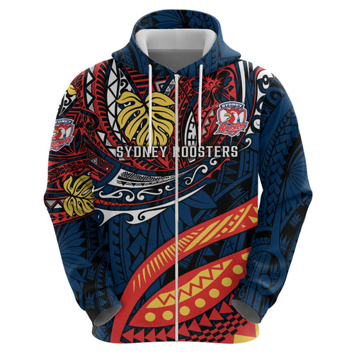 Personalised Sydney Roosters Hoodie Polynesian Tribal Art Style With Aggressive Rooster Mascot