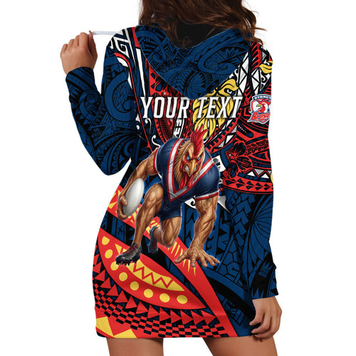 Personalised Sydney Roosters Hoodie Dress Polynesian Tribal Art Style With Aggressive Rooster Mascot