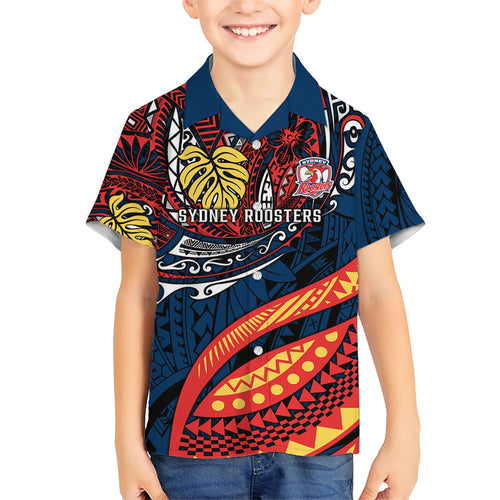 Personalised Sydney Roosters Kid Hawaiian Shirt Polynesian Tribal Art Style With Aggressive Rooster Mascot