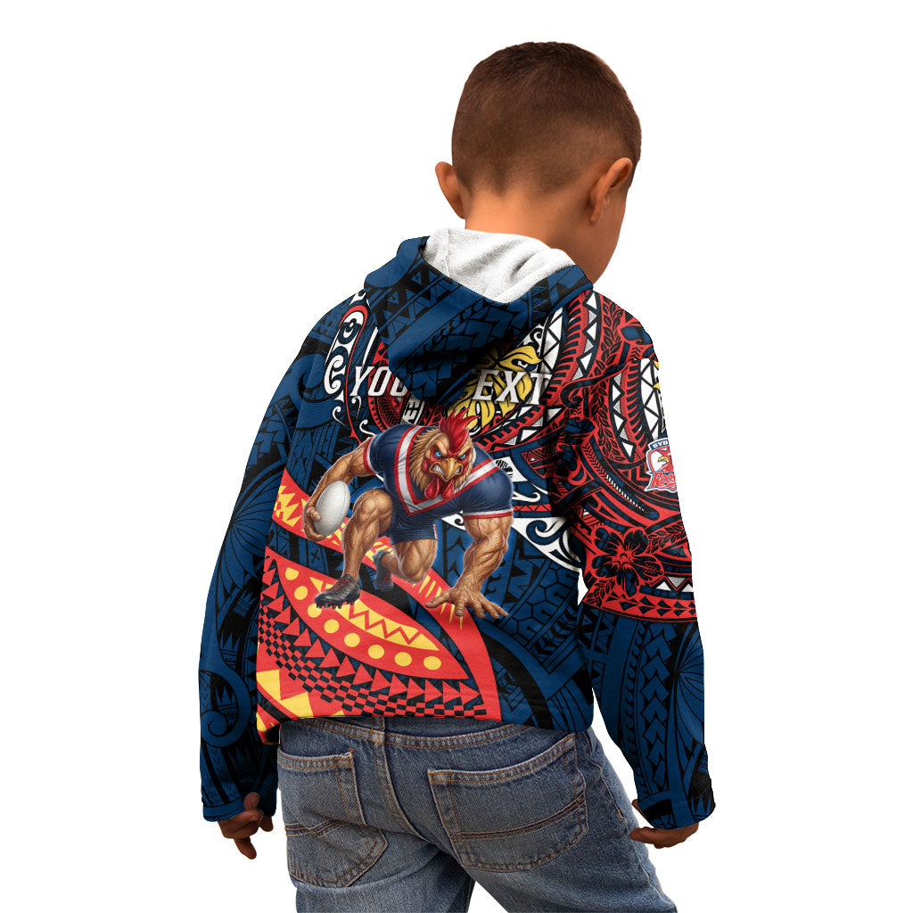 Personalised Sydney Roosters Kid Hoodie Polynesian Tribal Art Style With Aggressive Rooster Mascot