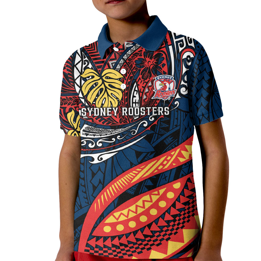 Personalised Sydney Roosters Kid Polo Shirt Polynesian Tribal Art Style With Aggressive Rooster Mascot