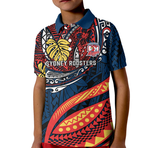 Personalised Sydney Roosters Kid Polo Shirt Polynesian Tribal Art Style With Aggressive Rooster Mascot