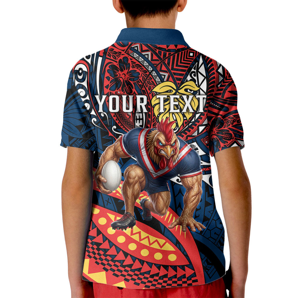 Personalised Sydney Roosters Kid Polo Shirt Polynesian Tribal Art Style With Aggressive Rooster Mascot