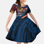 Personalised Sydney Roosters Kid Short Sleeve Dress Polynesian Tribal Art Style With Aggressive Rooster Mascot