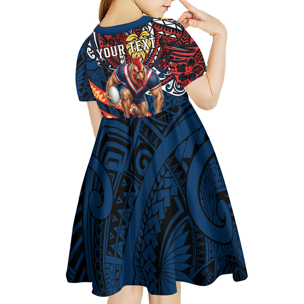 Personalised Sydney Roosters Kid Short Sleeve Dress Polynesian Tribal Art Style With Aggressive Rooster Mascot