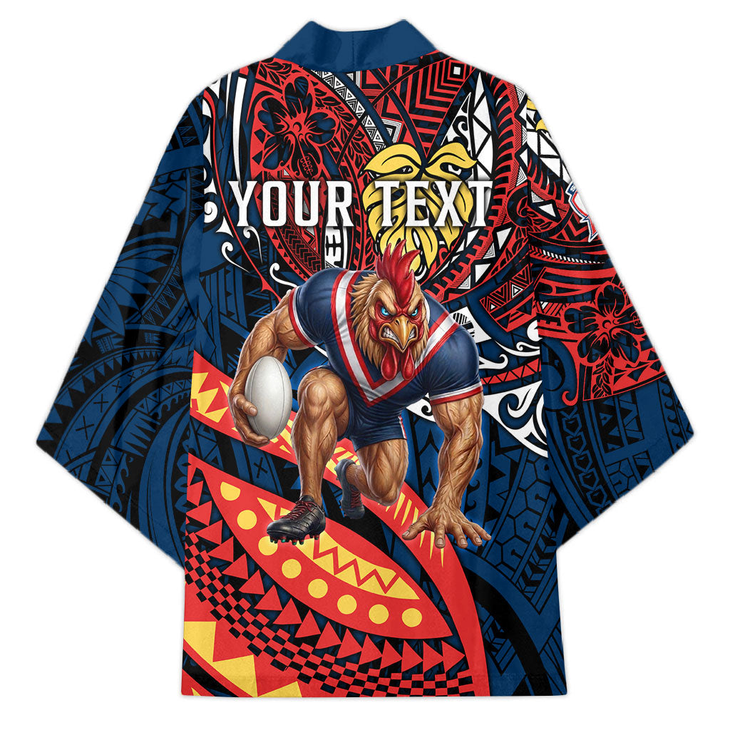 Personalised Sydney Roosters Kimono Polynesian Tribal Art Style With Aggressive Rooster Mascot