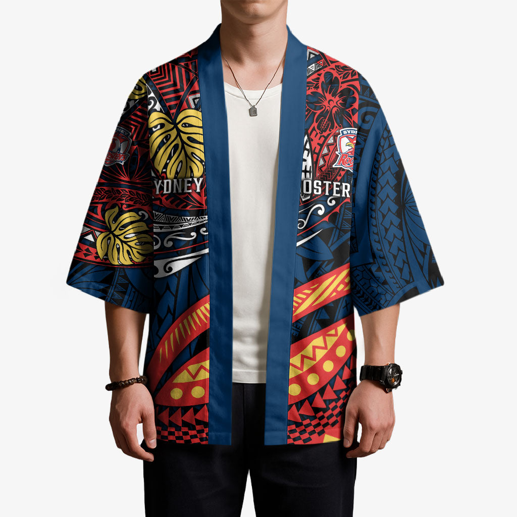 Personalised Sydney Roosters Kimono Polynesian Tribal Art Style With Aggressive Rooster Mascot