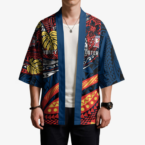 Personalised Sydney Roosters Kimono Polynesian Tribal Art Style With Aggressive Rooster Mascot