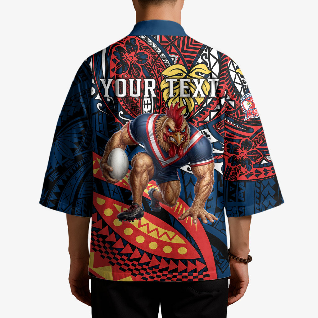 Personalised Sydney Roosters Kimono Polynesian Tribal Art Style With Aggressive Rooster Mascot