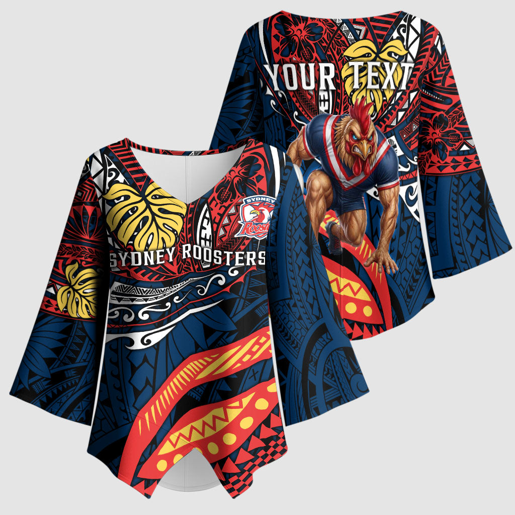 Personalised Sydney Roosters Kimono Sleeve Blouse Polynesian Tribal Art Style With Aggressive Rooster Mascot