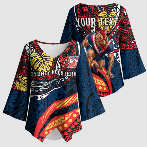 Personalised Sydney Roosters Kimono Sleeve Blouse Polynesian Tribal Art Style With Aggressive Rooster Mascot
