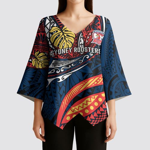 Personalised Sydney Roosters Kimono Sleeve Blouse Polynesian Tribal Art Style With Aggressive Rooster Mascot