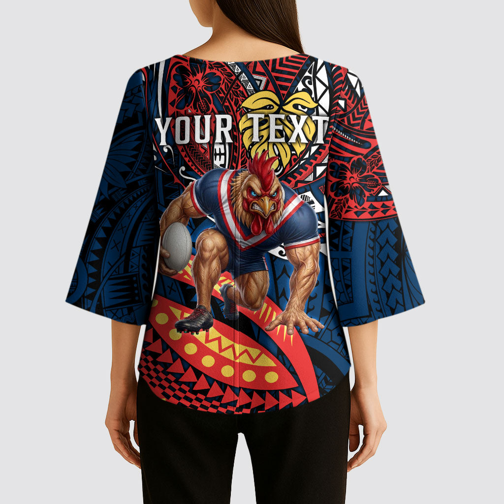 Personalised Sydney Roosters Kimono Sleeve Blouse Polynesian Tribal Art Style With Aggressive Rooster Mascot