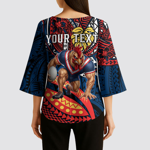 Personalised Sydney Roosters Kimono Sleeve Blouse Polynesian Tribal Art Style With Aggressive Rooster Mascot