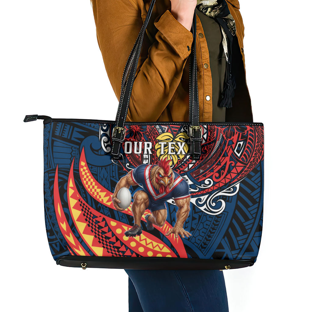 Personalised Sydney Roosters Leather Tote Bag Polynesian Tribal Art Style With Aggressive Rooster Mascot