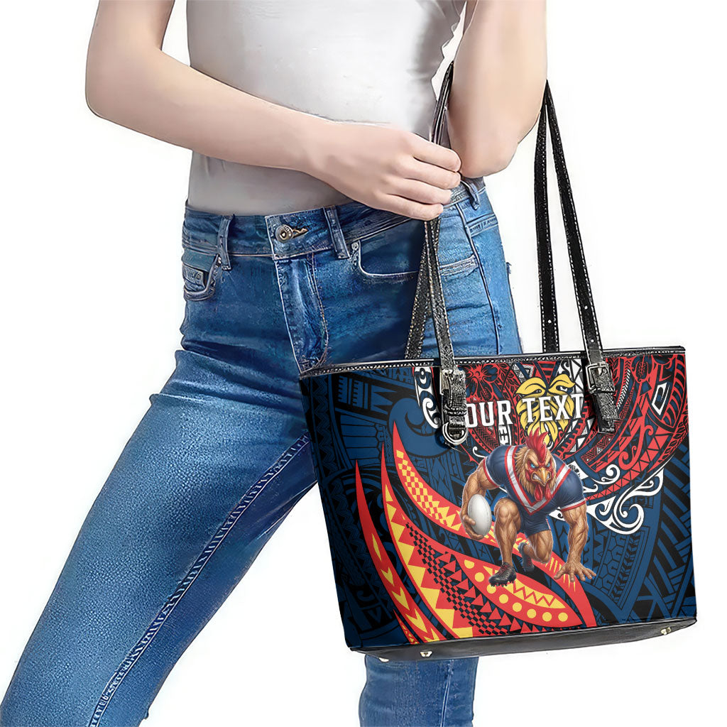 Personalised Sydney Roosters Leather Tote Bag Polynesian Tribal Art Style With Aggressive Rooster Mascot