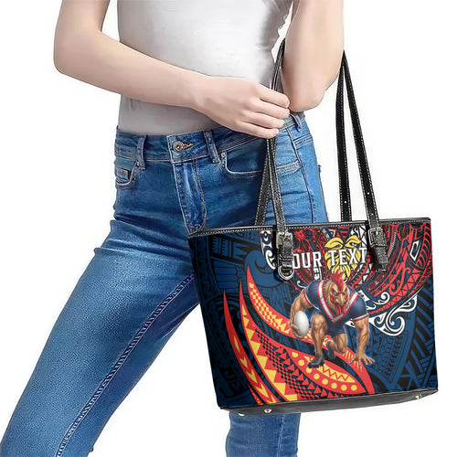 Personalised Sydney Roosters Leather Tote Bag Polynesian Tribal Art Style With Aggressive Rooster Mascot
