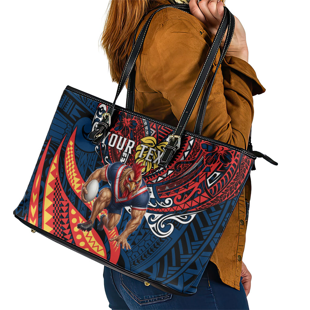 Personalised Sydney Roosters Leather Tote Bag Polynesian Tribal Art Style With Aggressive Rooster Mascot