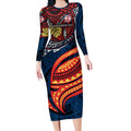 Personalised Sydney Roosters Long Sleeve Bodycon Dress Polynesian Tribal Art Style With Aggressive Rooster Mascot