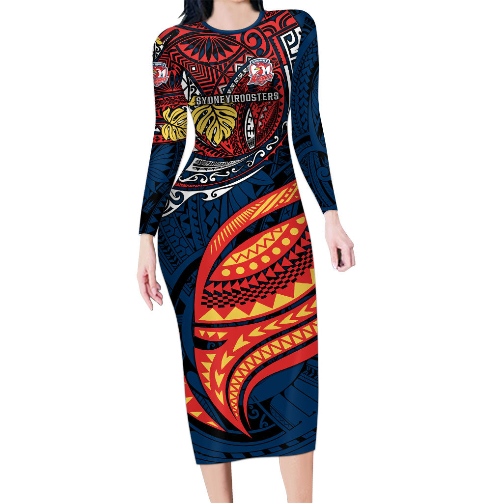Personalised Sydney Roosters Long Sleeve Bodycon Dress Polynesian Tribal Art Style With Aggressive Rooster Mascot