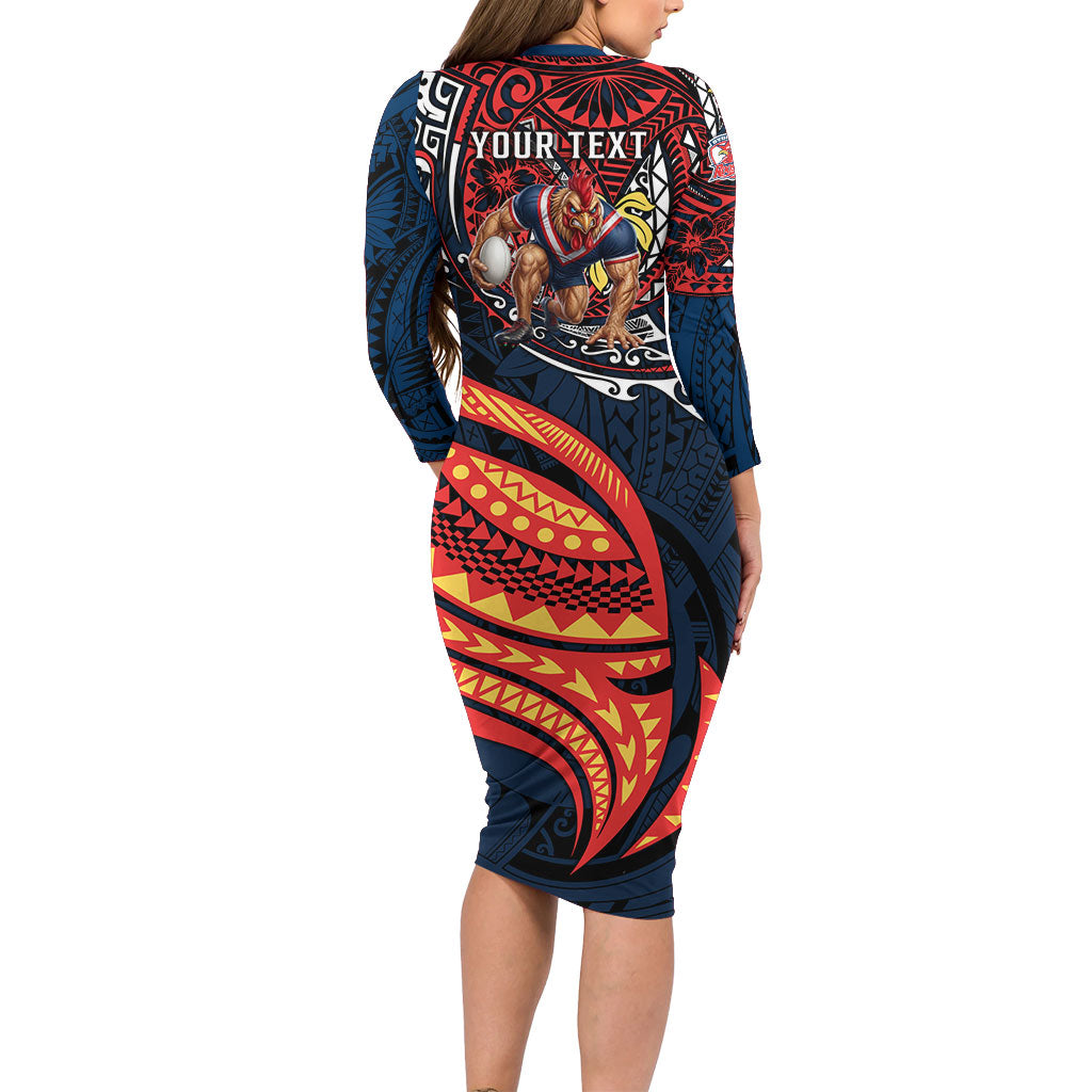 Personalised Sydney Roosters Long Sleeve Bodycon Dress Polynesian Tribal Art Style With Aggressive Rooster Mascot