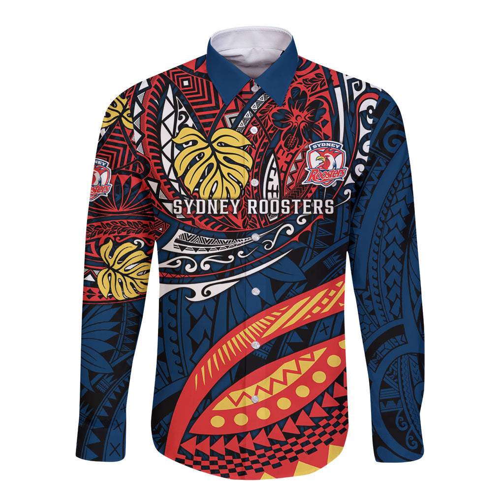 Personalised Sydney Roosters Long Sleeve Button Shirt Polynesian Tribal Art Style With Aggressive Rooster Mascot