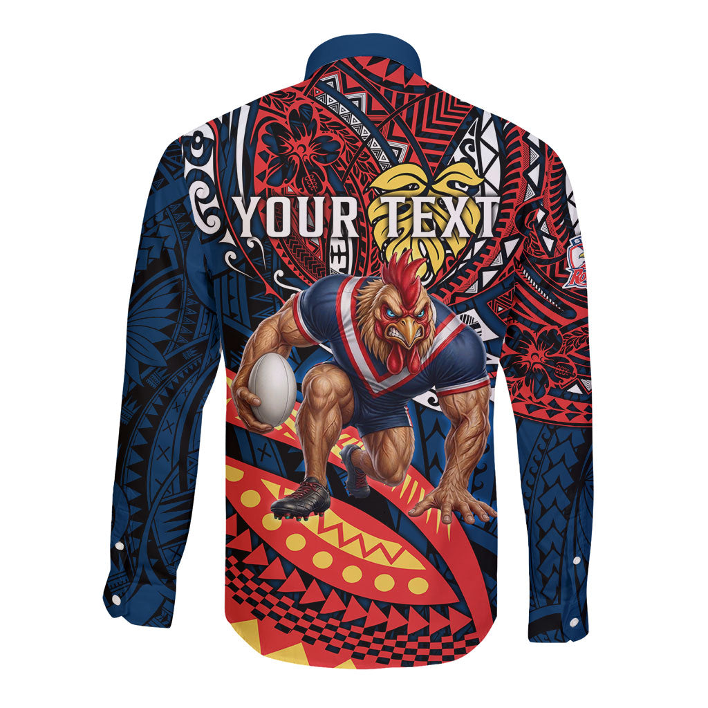 Personalised Sydney Roosters Long Sleeve Button Shirt Polynesian Tribal Art Style With Aggressive Rooster Mascot