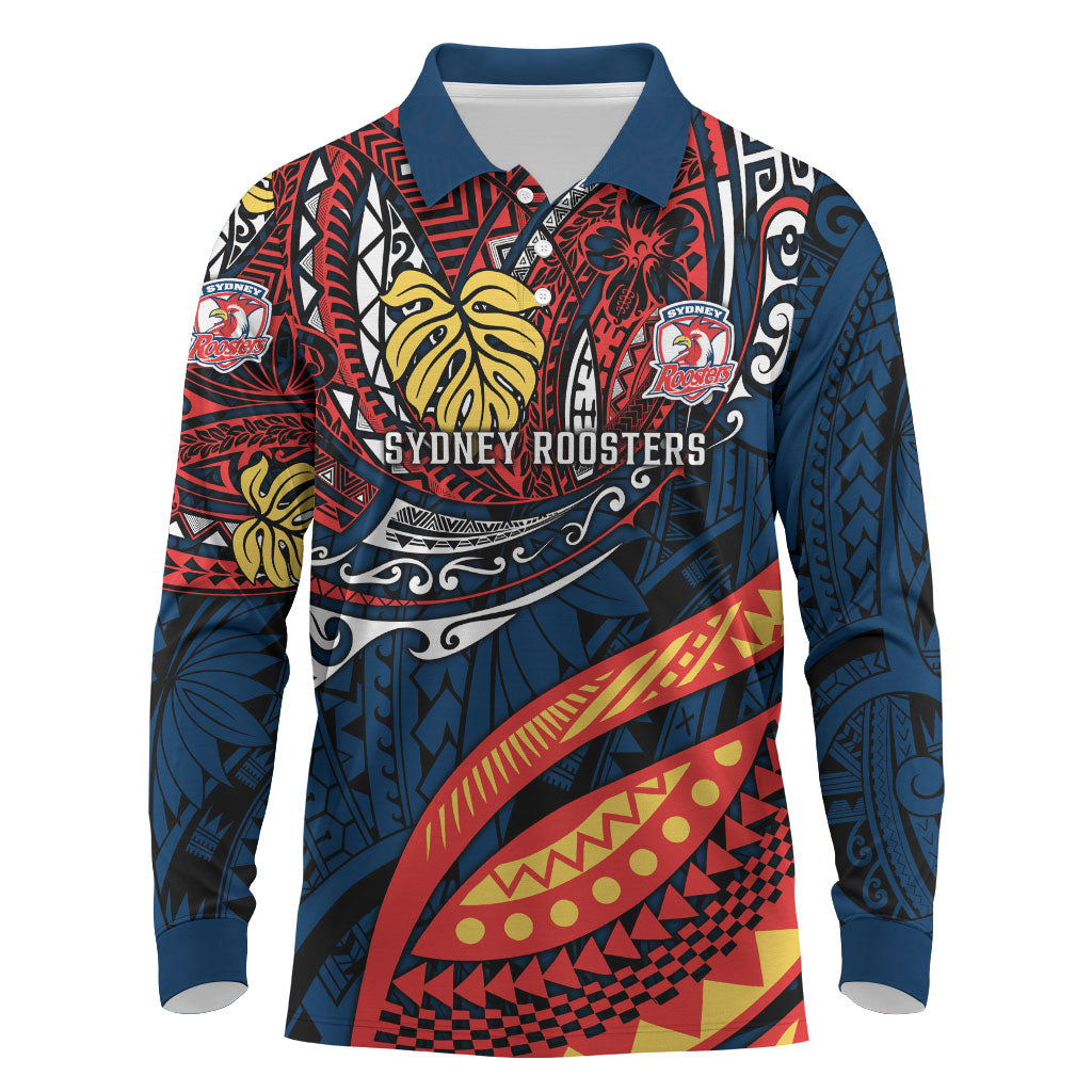 Personalised Sydney Roosters Long Sleeve Polo Shirt Polynesian Tribal Art Style With Aggressive Rooster Mascot