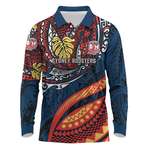 Personalised Sydney Roosters Long Sleeve Polo Shirt Polynesian Tribal Art Style With Aggressive Rooster Mascot