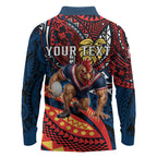 Personalised Sydney Roosters Long Sleeve Polo Shirt Polynesian Tribal Art Style With Aggressive Rooster Mascot