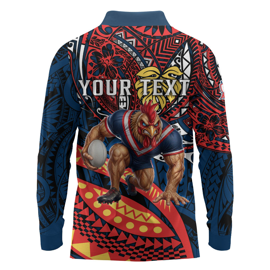 Personalised Sydney Roosters Long Sleeve Polo Shirt Polynesian Tribal Art Style With Aggressive Rooster Mascot