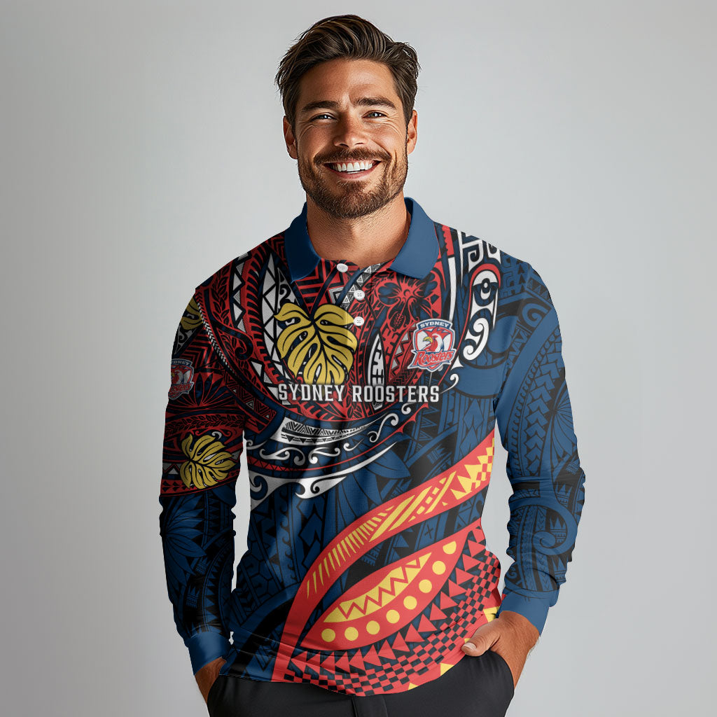 Personalised Sydney Roosters Long Sleeve Polo Shirt Polynesian Tribal Art Style With Aggressive Rooster Mascot
