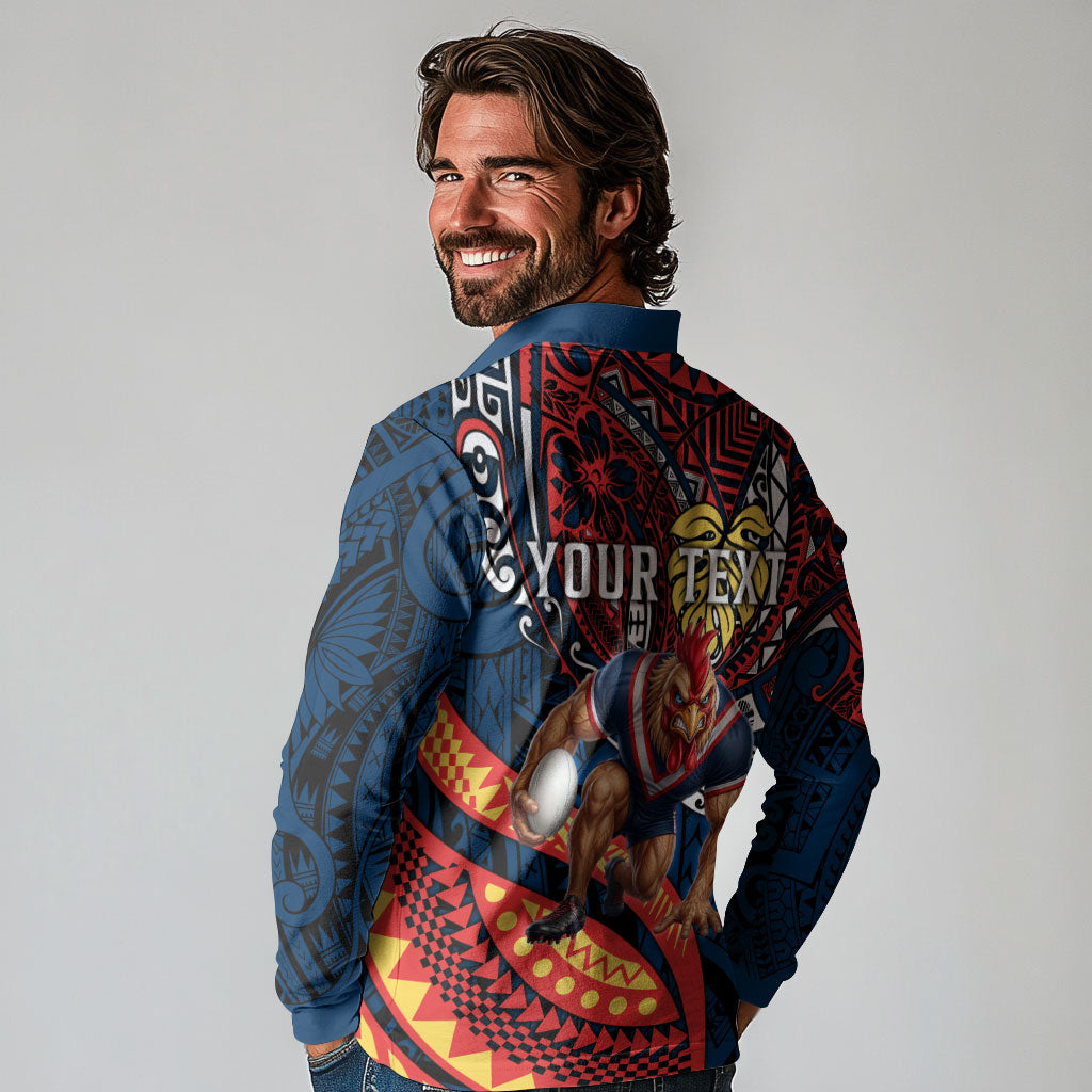 Personalised Sydney Roosters Long Sleeve Polo Shirt Polynesian Tribal Art Style With Aggressive Rooster Mascot