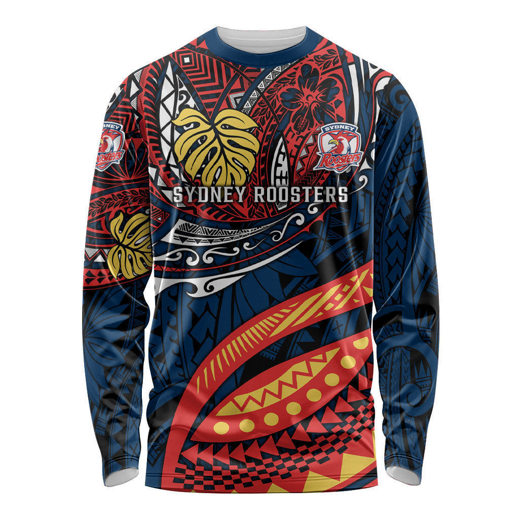 Personalised Sydney Roosters Long Sleeve Shirt Polynesian Tribal Art Style With Aggressive Rooster Mascot