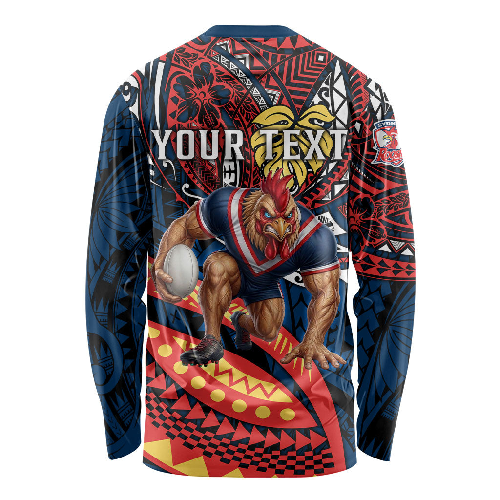 Personalised Sydney Roosters Long Sleeve Shirt Polynesian Tribal Art Style With Aggressive Rooster Mascot