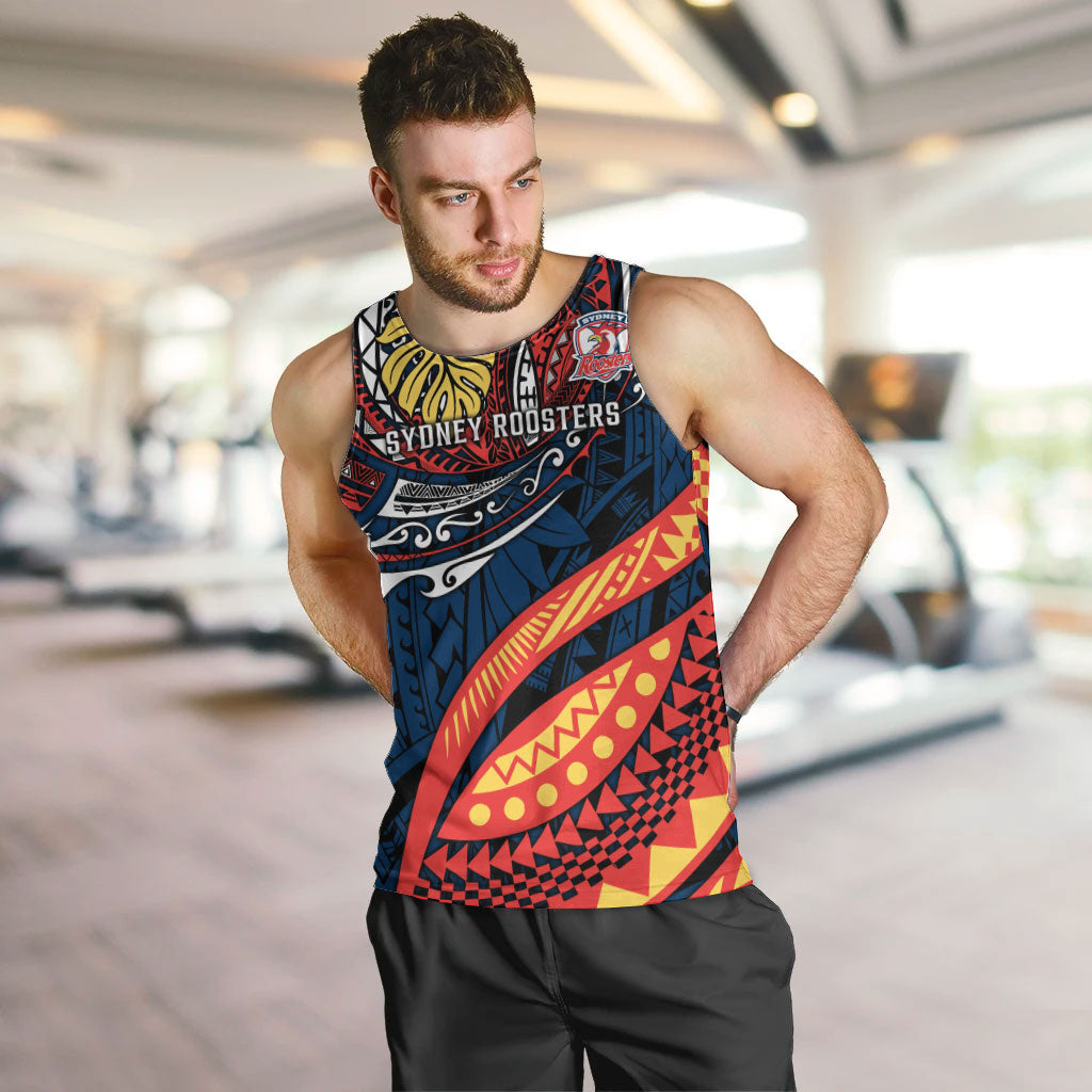 Personalised Sydney Roosters Men Tank Top Polynesian Tribal Art Style With Aggressive Rooster Mascot