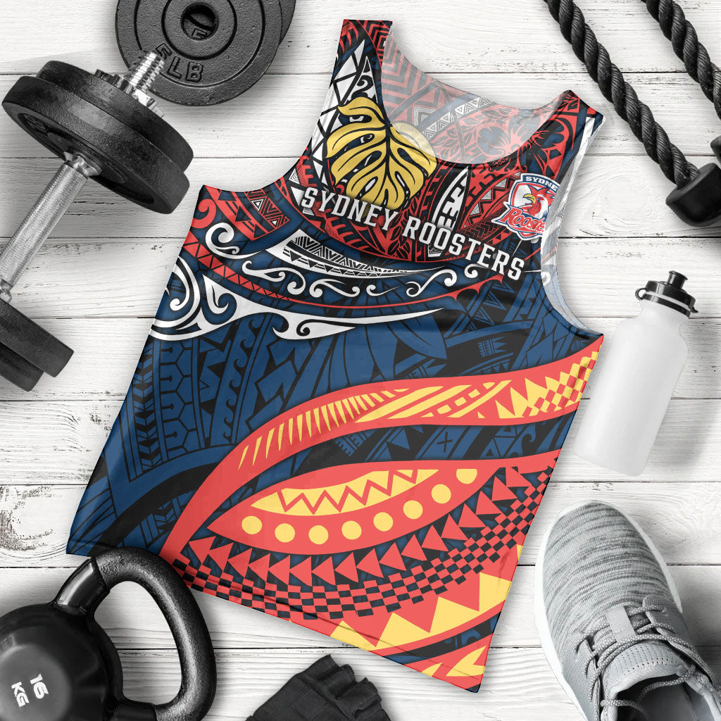 Personalised Sydney Roosters Men Tank Top Polynesian Tribal Art Style With Aggressive Rooster Mascot