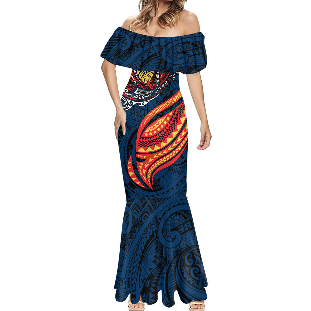 Personalised Sydney Roosters Mermaid Dress Polynesian Tribal Art Style With Aggressive Rooster Mascot
