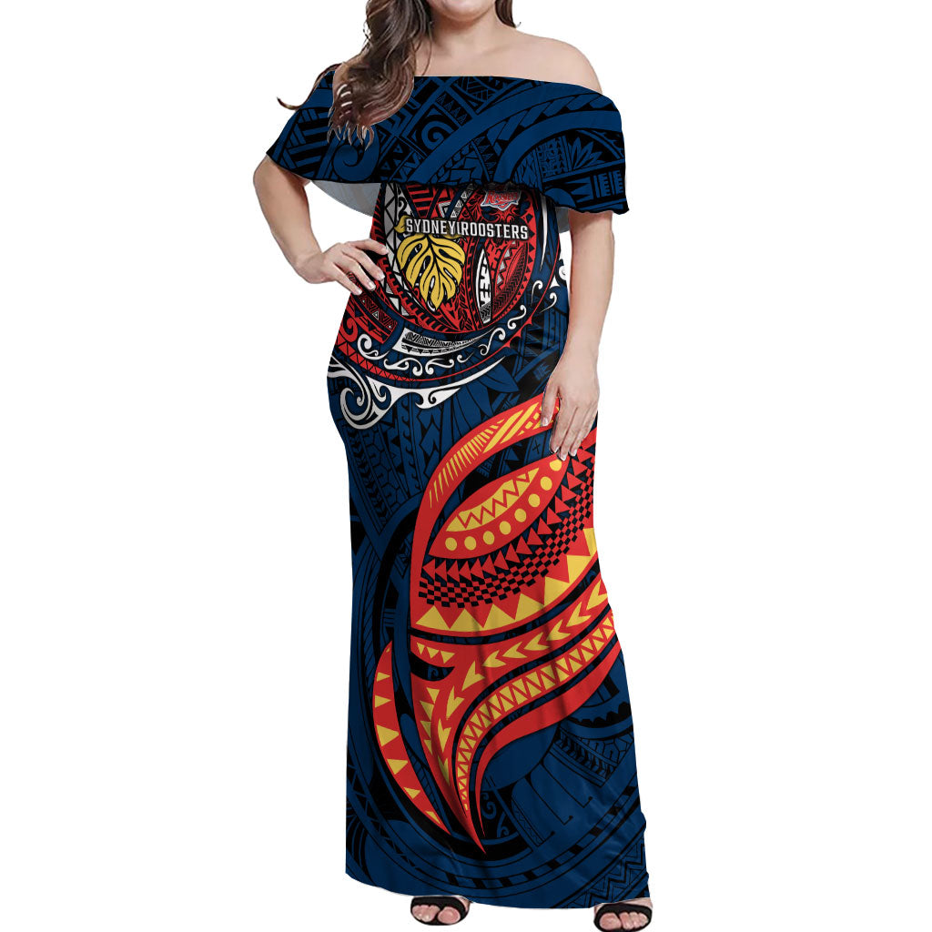 Personalised Sydney Roosters Off Shoulder Maxi Dress Polynesian Tribal Art Style With Aggressive Rooster Mascot