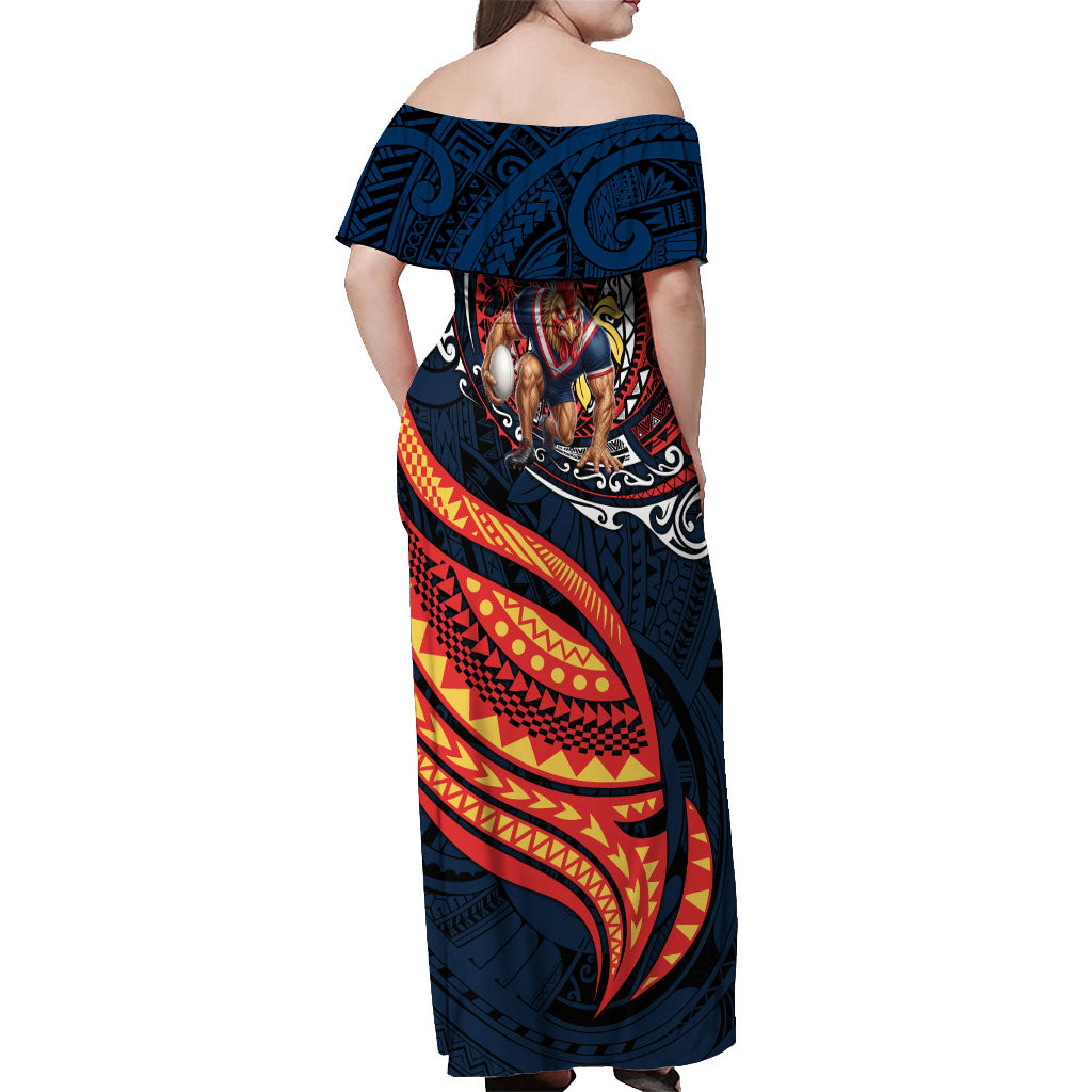 Personalised Sydney Roosters Off Shoulder Maxi Dress Polynesian Tribal Art Style With Aggressive Rooster Mascot