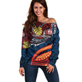 Personalised Sydney Roosters Off Shoulder Sweater Polynesian Tribal Art Style With Aggressive Rooster Mascot