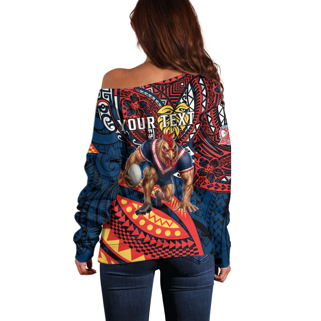 Personalised Sydney Roosters Off Shoulder Sweater Polynesian Tribal Art Style With Aggressive Rooster Mascot