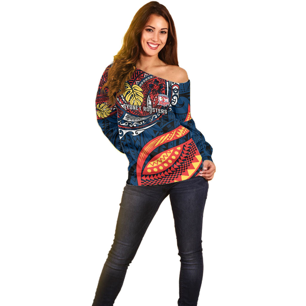 Personalised Sydney Roosters Off Shoulder Sweater Polynesian Tribal Art Style With Aggressive Rooster Mascot